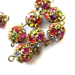 6pcs Vintage Swarovski connector ball BEADS crystal 8mm assorted colors rhinestones in brass setting
