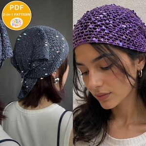 May include: Two images showcasing knitted headwear. One is a dark blue knit cap with scattered sequins. The other is a purple, open-weave head covering. The text "PDF 2-in-1 PATTERN" and "CHILL FUZZ" is visible in a yellow circle.