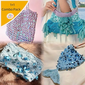 Può includere: Una collezione di borse e accessori fatti a mano all'uncinetto. Le borse presentano una varietà di colori, tra cui viola, blu e verde acqua, con dettagli di paillettes e frange. L'immagine include anche un accessorio a forma di coda di sirena.
