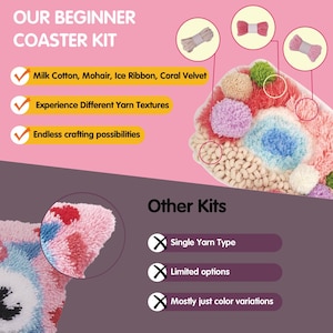 May include: A beginner's coaster kit with different yarn textures, including milk cotton, mohair, ice ribbon, and coral velvet. The kit includes a variety of colors and textures to create a unique and personalized coaster. The image also shows a finished coaster with a rainbow design.