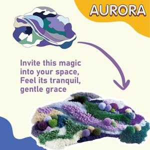 May include: A colorful, textured textile art piece with a variety of colors, including purple, green, and cream. The word "AURORA" is displayed in orange text. The image also includes the text: "Invite this magic into your space, Feel its tranquil, gentle grace."
