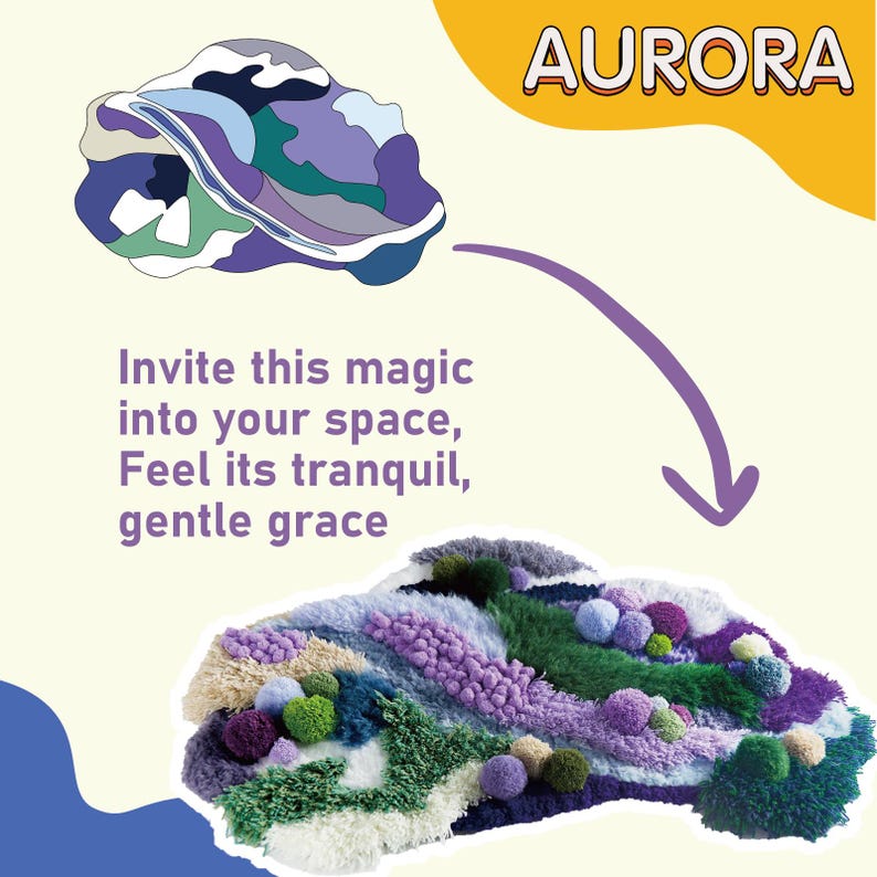 May include: A colorful, textured textile art piece with a variety of colors, including purple, green, and cream. The word "AURORA" is displayed in orange text. The image also includes the text: "Invite this magic into your space, Feel its tranquil, gentle grace."