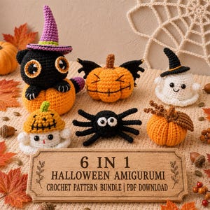 May include: A collection of six crocheted amigurumi figures including a black cat in a purple hat, a pumpkin with bat wings, a ghost in a black hat, a pumpkin-topped ghost, a black spider, and a pumpkin. A wooden sign reads 6 IN 1 HALLOWEEN AMIGURUMI CROCHET PATTERN BUNDLE | PDF DOWNLOAD.