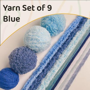Yarn Set of 9 -Blue Tranquil Blue Yarn Set Collection of Various Types of Yarns Handmade DIY Making of Doll Scarves and Clothes