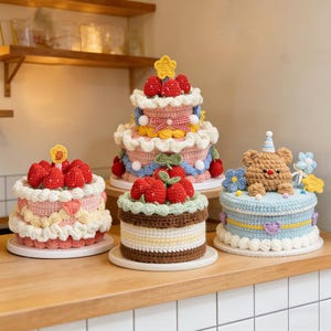 Op de afbeelding: Een verzameling van vier gehaakte taarten in verschillende maten en ontwerpen. De taarten hebben aardbeien- en berenmotieven, met pastelkleuren en decoratieve elementen. De taarten worden op een houten oppervlak gepresenteerd.
