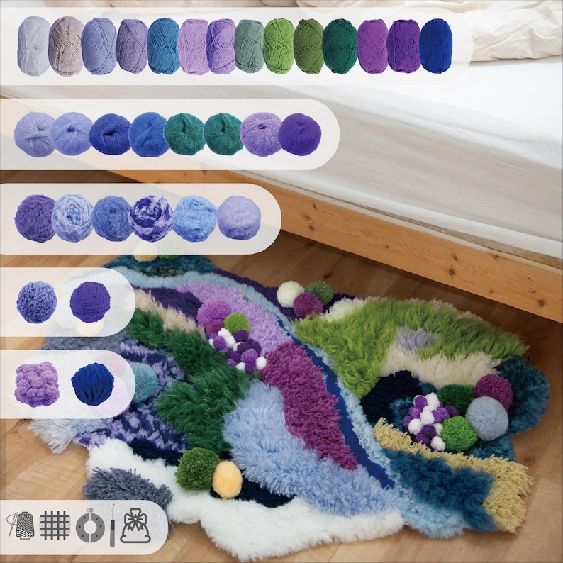 May include: A colorful, textured rug with a landscape design, featuring shades of blue, green, purple, and white. The image also shows various balls of yarn in coordinating colors, suggesting a craft project or handmade item.
