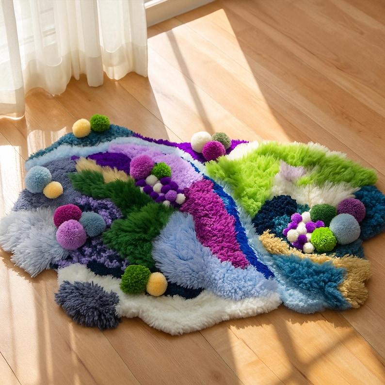 K&ouml;nnte beinhalten: Ein farbenfroher, abstrakter Teppich mit einer Vielzahl von Texturen und Farben. Der Teppich hat Bereiche in Blau, Gr&uuml;n, Lila und Gelb, mit flauschigen Texturen und Pompon-Akzenten. Der Teppich liegt auf einem Holzboden.