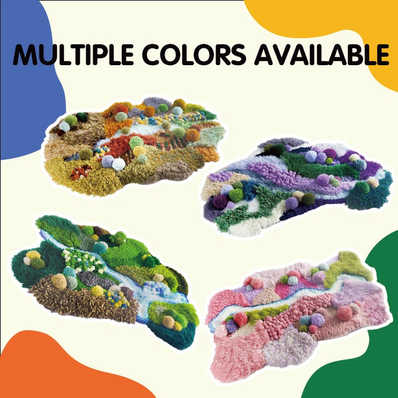 May include: Four colorful, textured, abstract rugs with a landscape design. The rugs feature various colors, including green, yellow, pink, and purple, with a variety of textures and shapes. The text "MULTIPLE COLORS AVAILABLE" is at the top.
