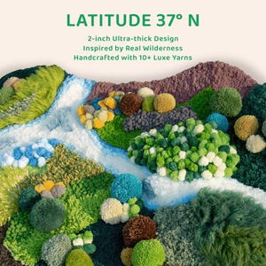 K&ouml;nnte beinhalten: Ein handgefertigtes Textilkunstwerk mit Landschaftsdesign. Das Kunstwerk weist ein 5 cm dickes Design mit verschiedenen Texturen und Farben auf, darunter Gr&uuml;n, Blau, Braun und Wei&szlig;. Der Text "LATITUDE 37&deg; N" steht oben.