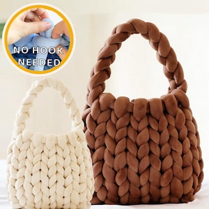 May include: Two chunky knit handbags. One is off-white, the other is brown. Both have braided handles and a woven body. The image includes a circular graphic with the text "NO HOOK NEEDED", showing how the bag is made.
