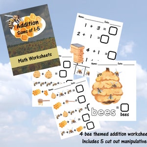 Bee Themed Addition Worksheets Sum of 5