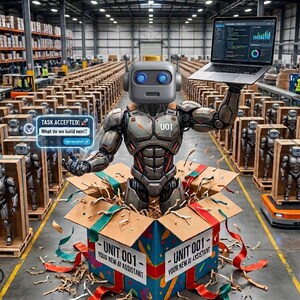 Puede incluir: Un robot metálico etiquetado como U01 emergiendo de una caja de regalo con la etiqueta UNIT 001 - YOUR NEW AI ASSISTANT, sosteniendo un portátil con gráficos. El robot está rodeado de robots idénticos en cajas de madera en un almacén.