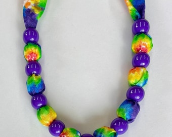 Tie Dye Bandana Fabric Necklace with Purple Beads