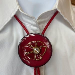 Bolo Tie - Men’s and Women’s - Round Pendant on Red Synthetic Leather Cord