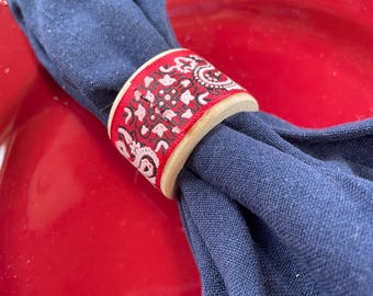 Set of 8 Red Bandana Paisley Wooden Napkin Rings  OOAK