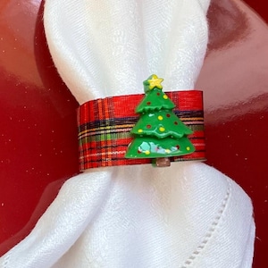 Christmas Napkin Rings - Red Plaid with Christmas Tree.  Sold individually.