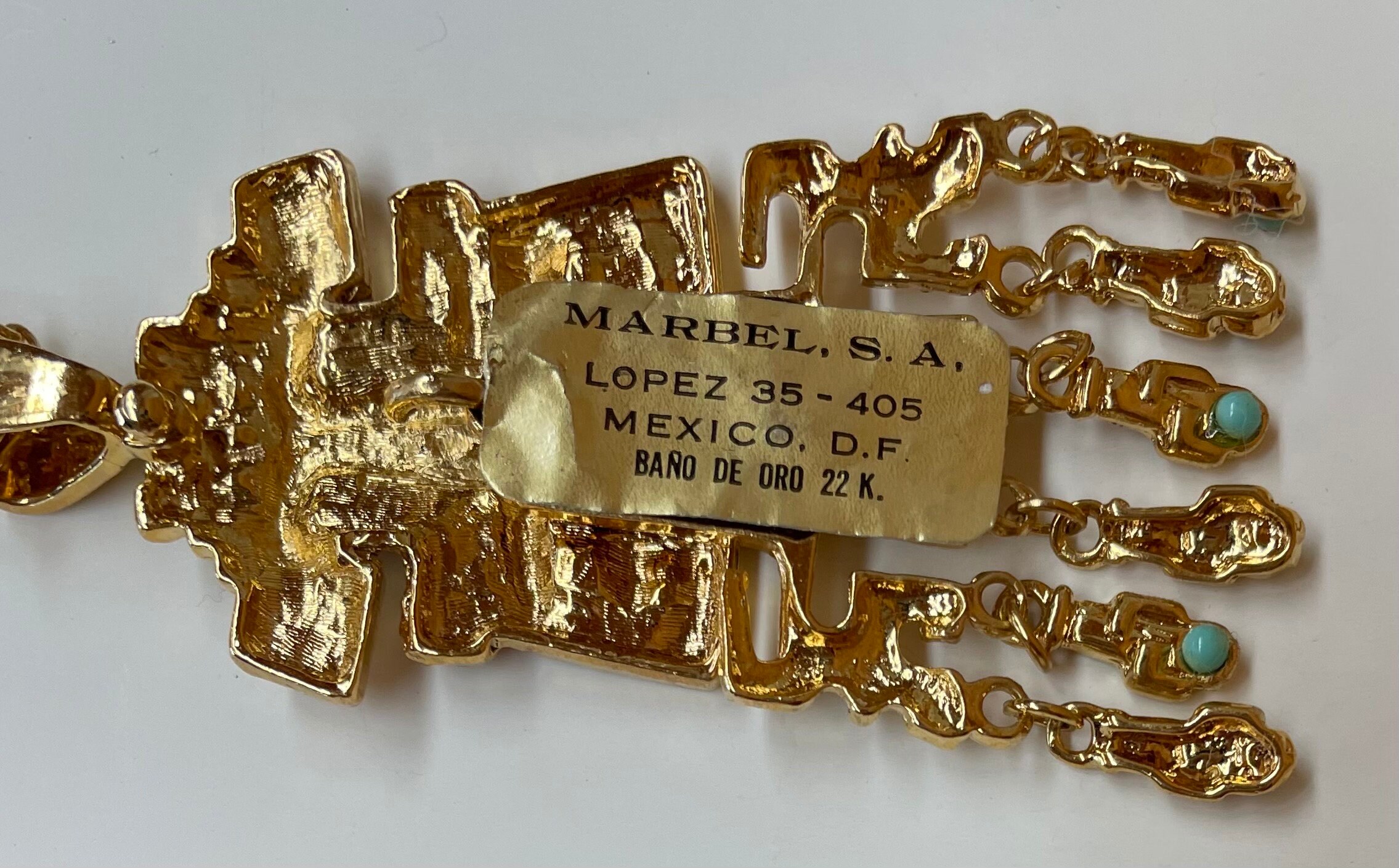 Pendentif Vintage Plaqué Or 22k Mexicain - Marbel Salvador Teran - Motif Maya En Céramique - Doré - Occasion