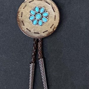 Bolo Tie - Brown Pendant with Faux Turquoise Center on Brown Leather Cord
