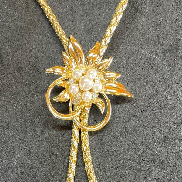 Gold-tone Bolo Tie -  Gold-tone Pendant with White Faux Pearls