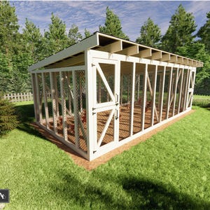 May include: A white wooden chicken coop with a black roof and wire mesh sides. The coop has a door and is set on a grassy lawn with trees in the background. The coop is designed to house chickens.