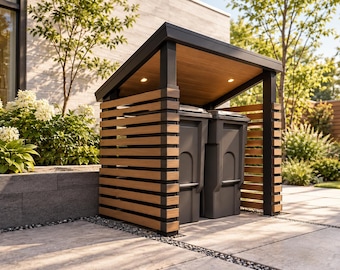May include: A wooden outdoor storage shed with a slanted roof and horizontal slat walls, housing two dark gray plastic waste bins. The structure features a dark metal frame and integrated recessed lighting under the wooden ceiling canopy.