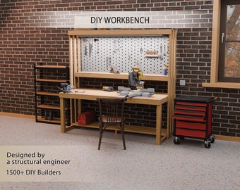 DIY Workbench Plans with Pegboard | Heavy Duty Garage Workbench | Woodworking Bench Plans PDF | Workshop Table Build