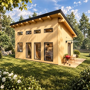 May include: A two-story wooden cabin with light-colored vertical siding and a dark flat roof. The exterior features multiple rectangular windows, a glass-paned door, and a small wooden deck with a red kettle grill and a chair on the side.
