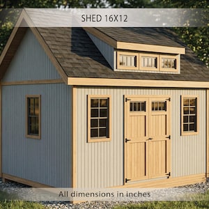 Può includere: Un capannone azzurro con tetto grigio scuro e finiture in legno. Il capannone ha due porte, tre finestre in alto e due finestre sui lati. Il testo "SHED 16X12" è in alto e "All dimensions in inches" in basso.