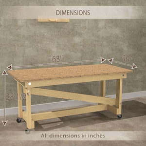 May include: A light-colored wooden table with a corkboard top. The table is 63 inches long, 30 inches wide, and 28.5 inches high. It has a cross-braced leg design and is on wheels. The image includes the text "DIMENSIONS" and "All dimensions in inches."