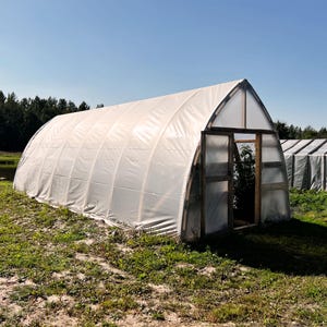 Pode incluir: Uma estufa de plástico branco com uma estrutura de madeira e uma porta. A estufa está num campo com grama verde e um lago no fundo.