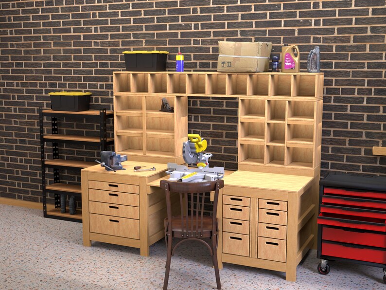 Woodworking Workbench With Storage Cabinets and Platform for Miter Saw ...
