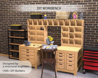 Woodworking Workbench With Storage Cabinets and Platform for Miter Saw Plans - Instant digital download