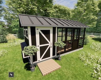 Plans pour poulailler avec enclos | Poulailler à monter soi-même avec enclos | Design de poulailler pour 10-15 poulets | Construction d'un poulailler dans l'arrière-cour