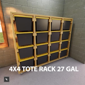 May include: A wooden storage rack with sixteen black storage bins with yellow tops. The rack is labeled "4X4 TOTE RACK 27 GAL". The rack is on wheels and is against a brick wall.