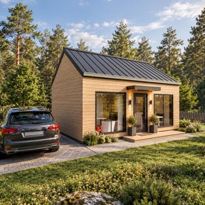 Peut inclure: Une petite cabane rectangulaire avec un bardage en bois clair horizontal et un toit en métal sombre. La façade avant présente une porte vitrée centrale encadrée par deux grandes fenêtres à cadre noir, avec une voiture gris foncé sur l'allée.