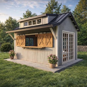 May include: A small, light gray shed with a black roof and wooden shutters. The shed has a window and double doors, and is surrounded by green grass and trees. Two potted plants sit in front of the shed.