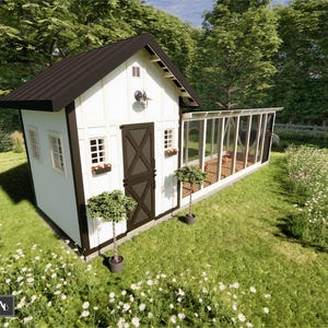 Puede incluir: Un gallinero blanco y negro con techo negro, ventanas pequeñas y puerta. El gallinero tiene un corral con mosquitera y está rodeado de hierba verde y árboles. Pequeños árboles en macetas se colocan cerca del gallinero.