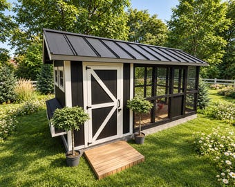 May include: A black and white chicken coop featuring a slanted metal roof, a wooden door with a diagonal brace, and an attached wire mesh run. The structure includes a small wooden ramp leading to the door and two potted shrubs placed at the front.