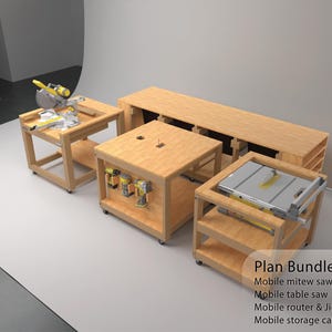 Planos de estaciones de trabajo móviles modulares / Sierra de mesa, sierra ingletadora, fresadora, almacenamiento / Carpintería / Banco de trabajo abatible / Planos de banco de trabajo con sierra de mesa
