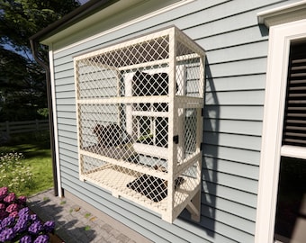 May include: A white, multi-level cat enclosure fixed to the exterior of a house. The enclosure features a wire mesh design and is attached to the light blue cladding of the house. It offers a secure outdoor space for cats.