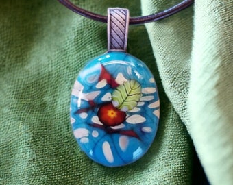 Blue flower and leaf millefiori fused glass pendant necklace, Harrach 26