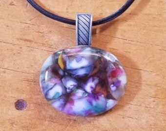 Colorful, beautiful handmade, one of a kind fused glass pendant necklace Harrach