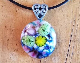 Fused glass millefiori flower and leaves pendant necklace, Harrach 42