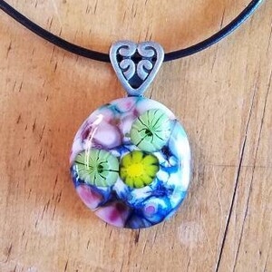 Fused glass millefiori flower and leaves pendant necklace, Harrach 42