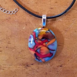 Beautiful colorful fused glass pendant on a leather cord necklace Harrach 156