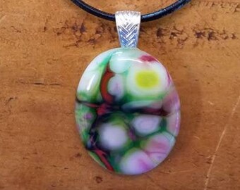 Colorful happy fused glass pendant on a leather cord necklace Harrach, 175