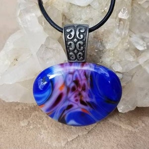Beautiful colorful blue fused glass pendant necklace Harrach 14