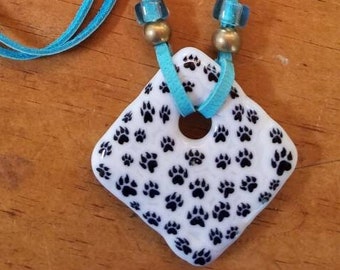 Paw print fused glass pendant necklace 236