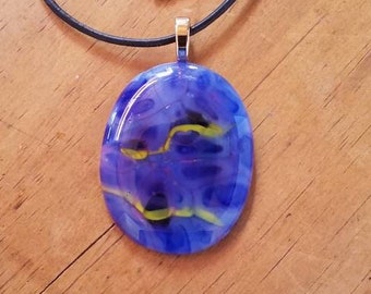 Large blue earthy fused glass pendant necklace