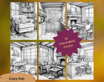 Puede incluir: Un conjunto de 24 páginas para colorear que presentan interiores acogedores de estilo cottagecore. Las imágenes representan varias habitaciones, incluyendo una sala de estar con chimenea, una cocina y un rincón de lectura. Las ilustraciones están en blanco y negro, con detalles intrincados y un estilo caprichoso.